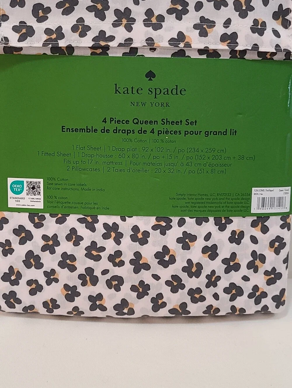 kate spade Queen White Sheet Set with Black and Gold Leopard Spots Floral